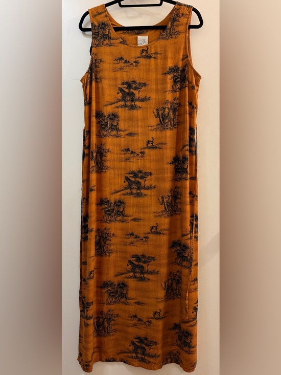Kathie Lee Collection Dresses & Skirts - VTG Kathie Lee Safari Toile Maxi Dress 14 Orange Rayon Elephant Zebra Boho